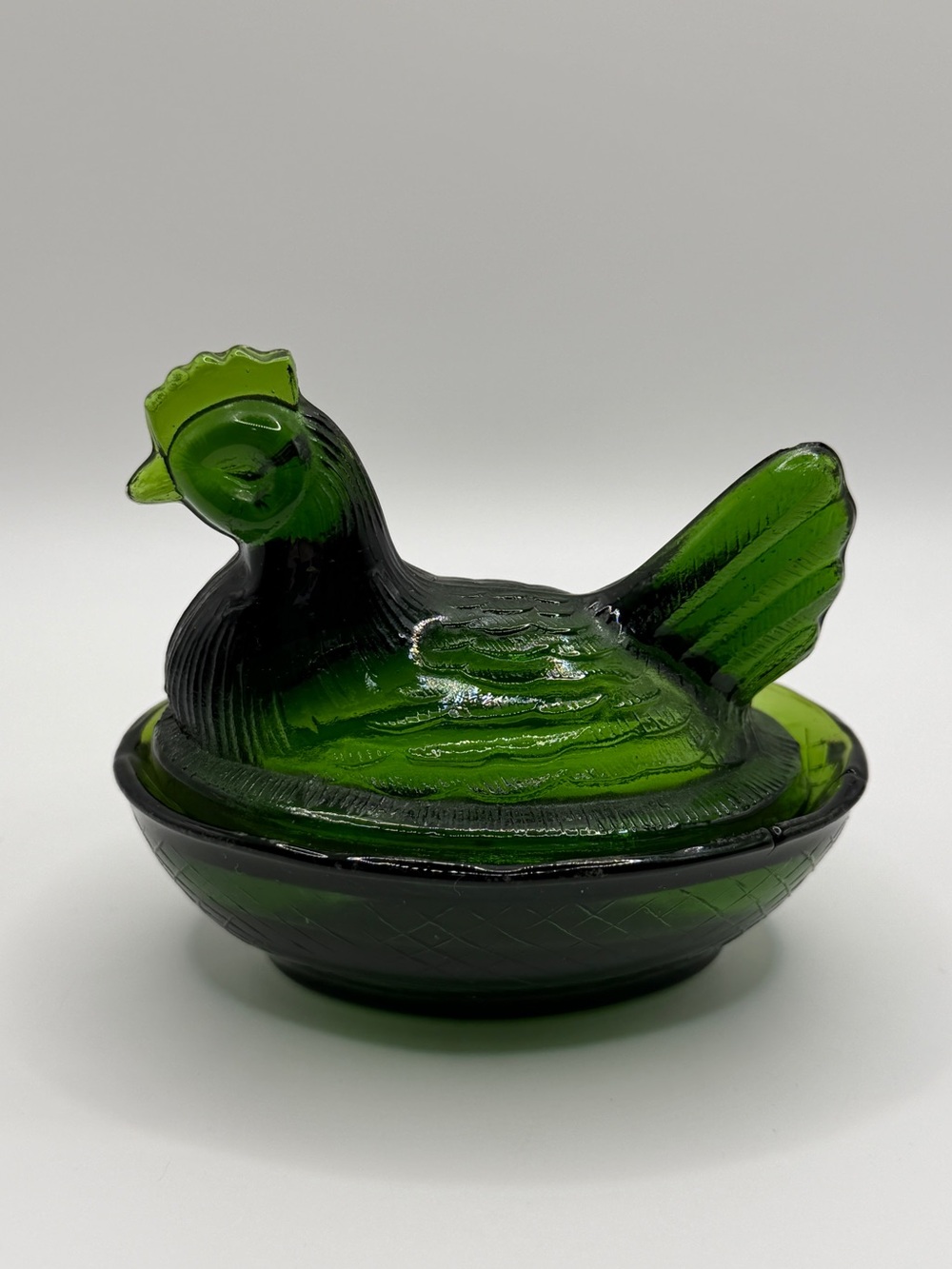 Vintage Miniature Hen on Nest Green Glass Trinket Dish Salt Cellar 3.5"